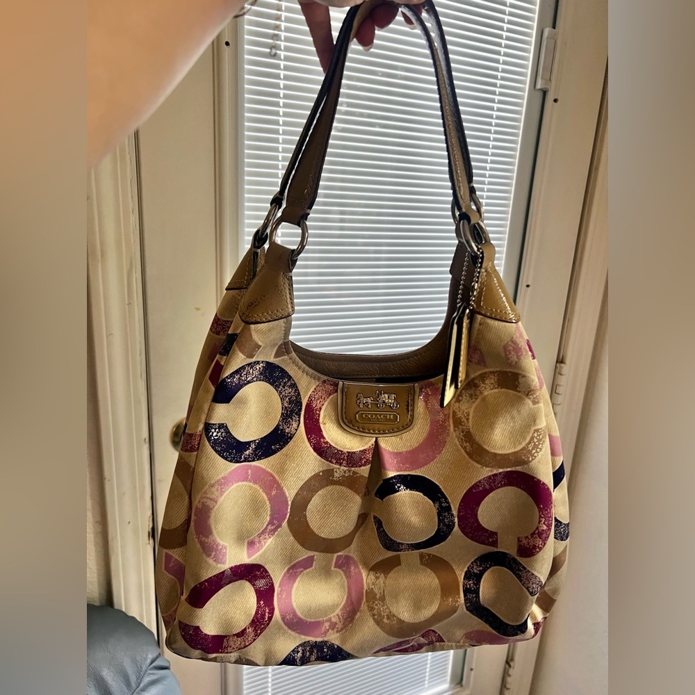 Coach Brown and Pink Shoulder Bag with Geometric Pattern
